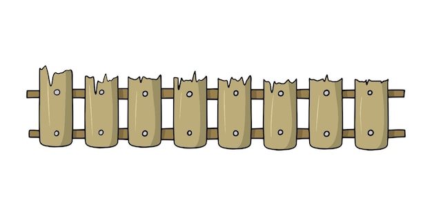 Длинный старый низкий деревянный забор с векторной иллюстрацией трещин в мультяшном стиле