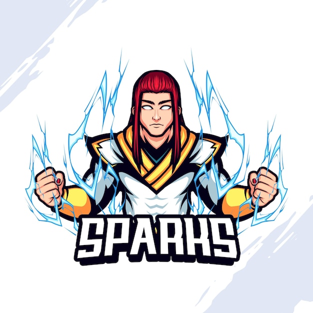 Vector long red haired warrior mascot logo wearing white armor