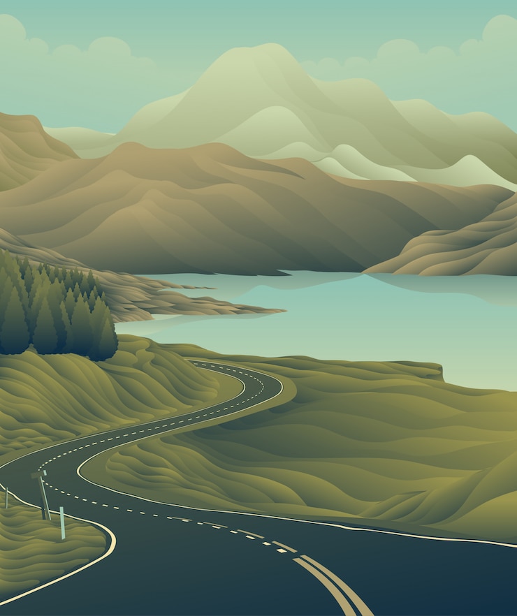 Vector long road lake mountain