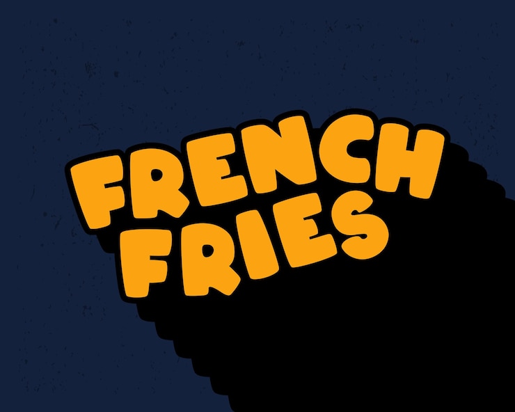 Vector long shadow text effect french fries typography design for wall art in yellow and dark blue color