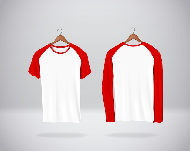 Long and short sleeve Baseball TShirts Mockup clothes hanging isolated on wall blank front and rear side view Red color