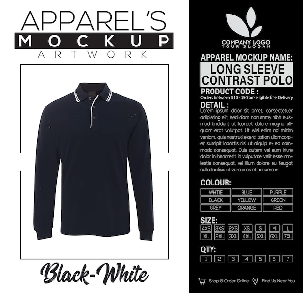 Long Sleeve Contrast Polo BlackWhite Apparel Mockup Artwork Design