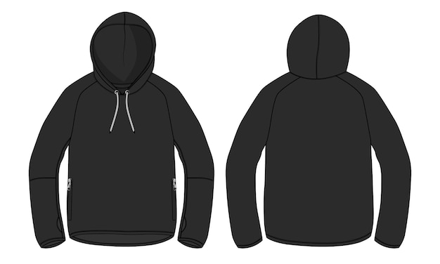 Vector long sleeve hoodie flat sketch vector illustration black color template