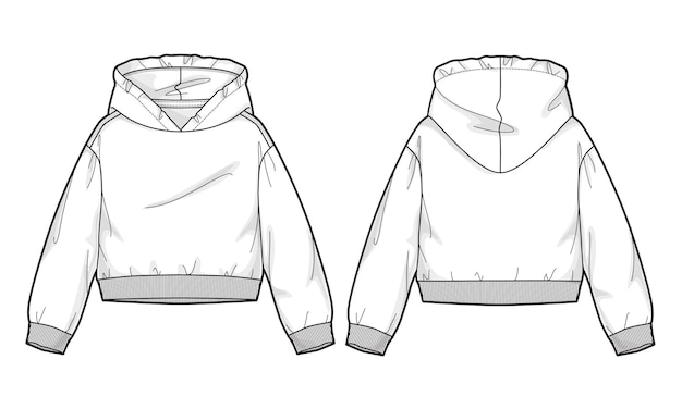 Vector long sleeve hoodie technical drawing fashion flat sketch vector illustration template for ladies