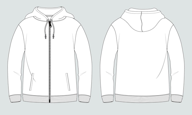 Vector long sleeve hoodie technical drawing fashion flat sketch vector illustration template