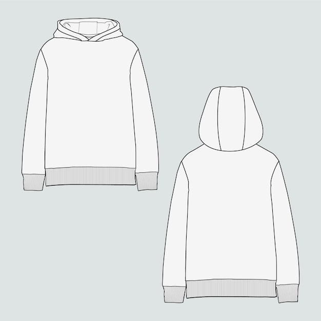 Vector long sleeve hoodie technical drawing fashion flat sketch vector illustration template