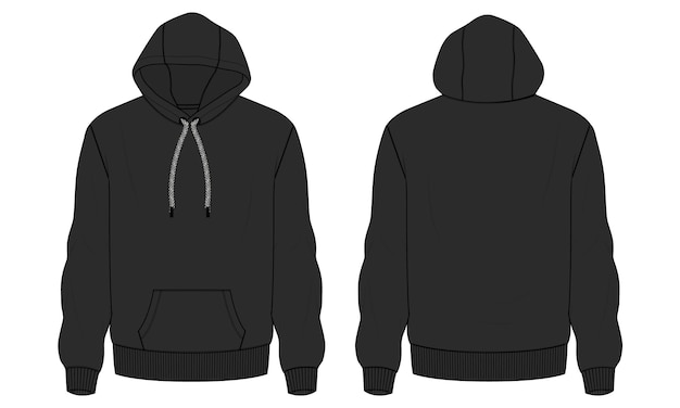 Vector long sleeve hoodie technical fashion flat sketch vector illustration black color template