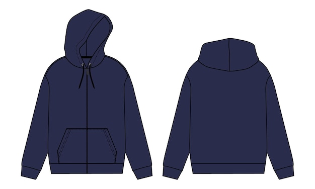 Long sleeve hoodie technical fashion flat sketch vector illustration Navy color template