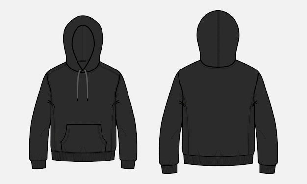 long sleeve hoodie vector illustration black color template front and back views