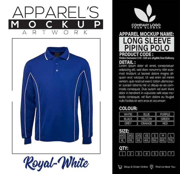 Long Sleeve Pipping Polo Koninklijke Witte kleding Mockup Artwork Design