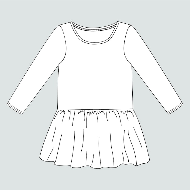 Vector long sleeve ruffle top and skirt technical drawing fashion flat sketch template for baby girls