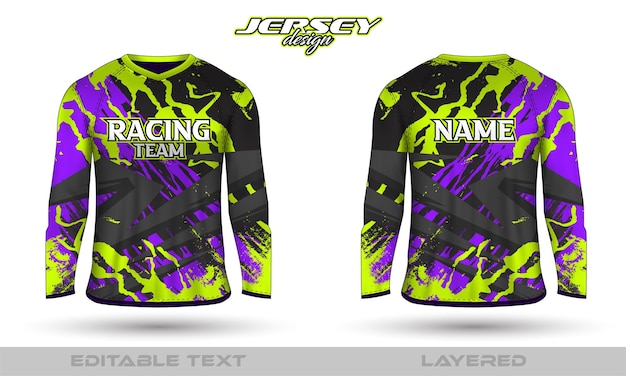 Long sleeve sports racing suit, front back tshirt design. sports design for football racing cycling gaming jersey