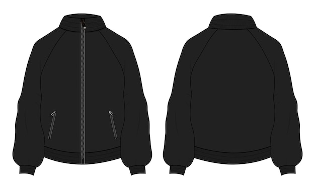 Long sleeve sweatshirt jacket technical fashion flat sketch vector black color template.