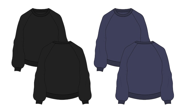 Long sleeve sweatshirt technical fashion flat sketch vector black and navy color template.