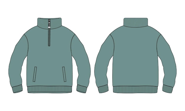 Long sleeve Sweatshirt Technical fashion flat sketch vector illustration Green color template
