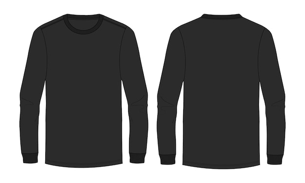 ベクトル 長袖tシャツファッションフラットスケッチベクトルイラスト黒カラーテンプレート前面と背面