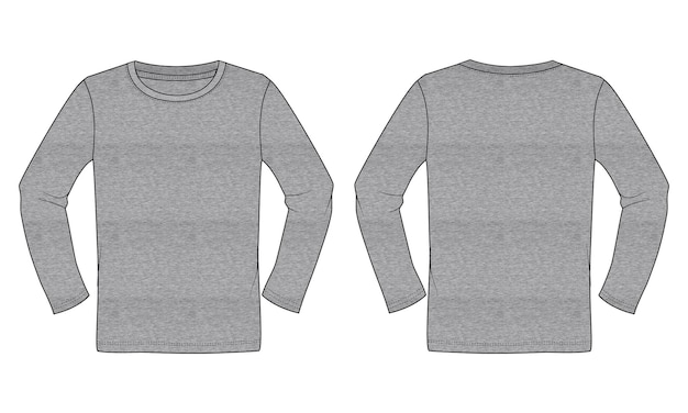 Long sleeve t shirt technical drawing fashion flat sketch vector illustration grey color template