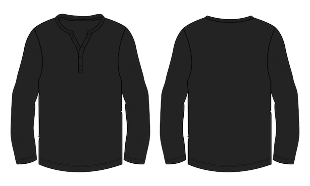 Long sleeve t shirt technical fashion flat sketch vector illustration black color template