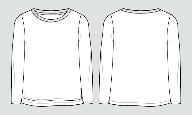 Long sleeve t shirt tops technical fashion flat sketch vector illustration template for ladies