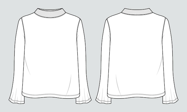 Long sleeve t shirt tops technical fashion flat sketch vector illustration template for ladies