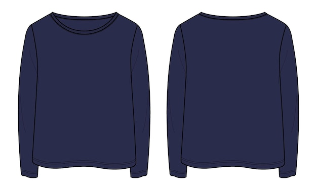 Long Sleeve T shirt Tops Technical fashion flat sketch vector Navy color template for ladies
