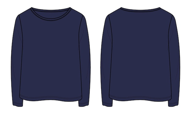 long sleeve t shirt tops technical fashion flat sketch vector navy color template for ladies
