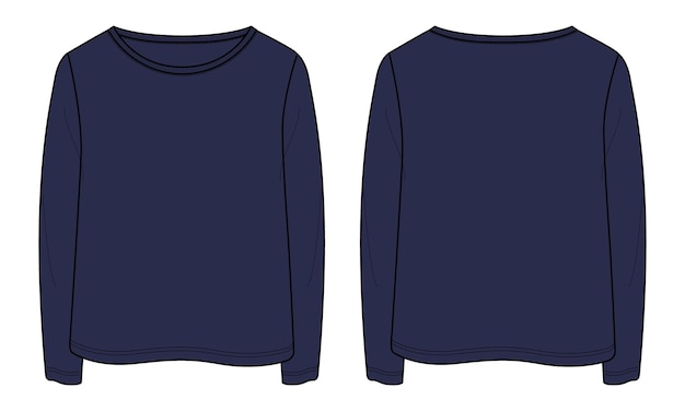 Long sleeve t shirt tops technical fashion flat sketch vector navy color template for ladies