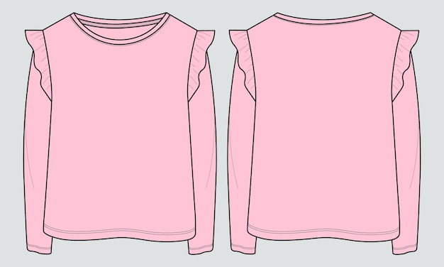 긴 소매 T 셔츠는 여자 아기를위한 기술 패션 평면 스케치 벡터 보라색 컬러 템플릿 탑스