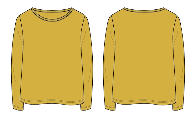 Long Sleeve T shirt Tops Technical fashion flat sketch vector Yellow color template for ladies