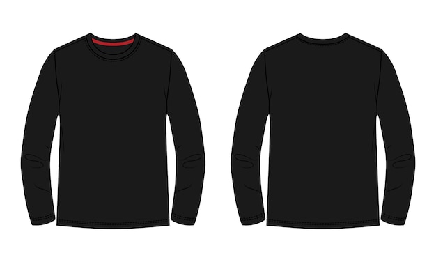 Long sleeve t shirt vector illustration black color template front and back views