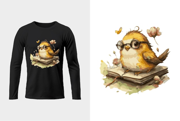 A long sleeved shirt with a cartoon bird reading a book