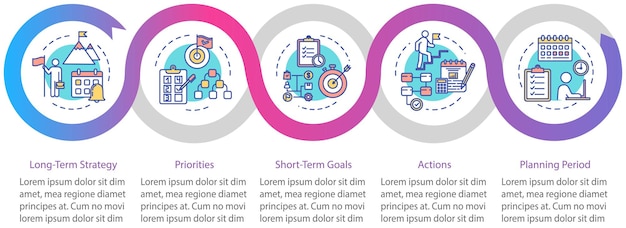 Vector long-term strategy vector infographic template. achieving goals presentation design elements. data visualization with 5 steps. process timeline chart. workflow layout with linear icons