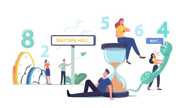 Long Wait Concept. Tired and Bored Male and Female Characters Too Long Waiting in Office Hall, Airport or Hospital Lobby. Men and Women Call Telephone, Hourglass. Cartoon People Vector Illustration