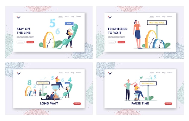 Long wait landing page template set. tired and bored characters too long waiting in office hall, airport or hospital lobby. men and women call telephone, hourglass. cartoon people vector illustration