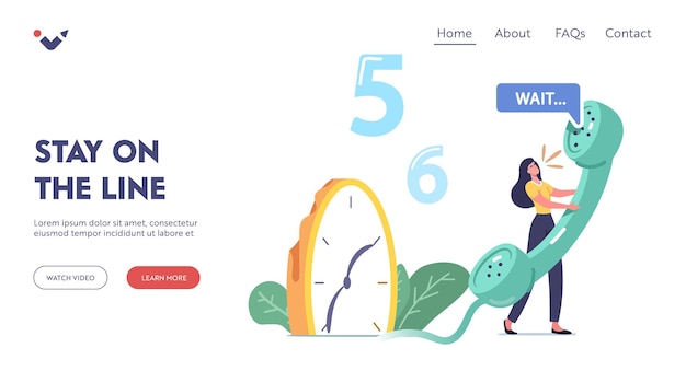 待望のランディングページテンプレート。溶ける時計の近くに巨大な電話管を持っている小さな女性キャラクター。欲求不満の女性がクリニック、緊急、サポートサービスに電話をかけています。漫画のベクトル図