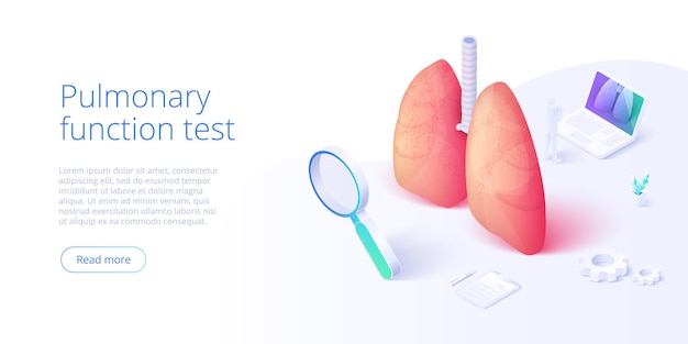 Longfunctietestillustratie in isometrisch vectorontwerp. Pulmonologie thema afbeelding met arts die longen op monitor analyseert. Ademhalingsmedische diagnostiek. Sjabloon voor webbannerlay-out.