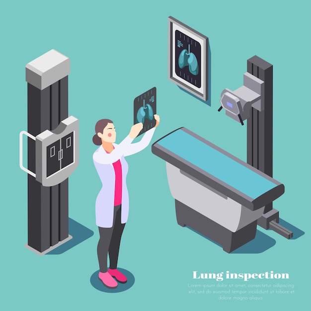 Vector longinspectiesamenstelling met xray die symbolen isometrische illustratie onderzoekt