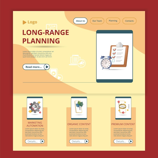 Longrange planning flat landing page website template marketing automation organic content premium