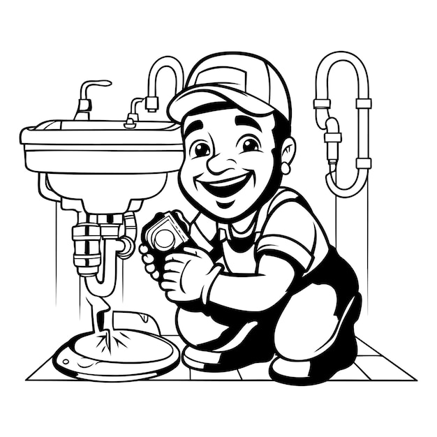 Loodgieter in de badkamer Zwart-wit vector illustratie voor kleurboek