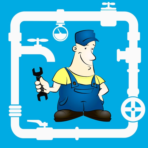 Loodgieter in uniform met een sleutel in zijn hand Reparatie- en loodgietersservice
