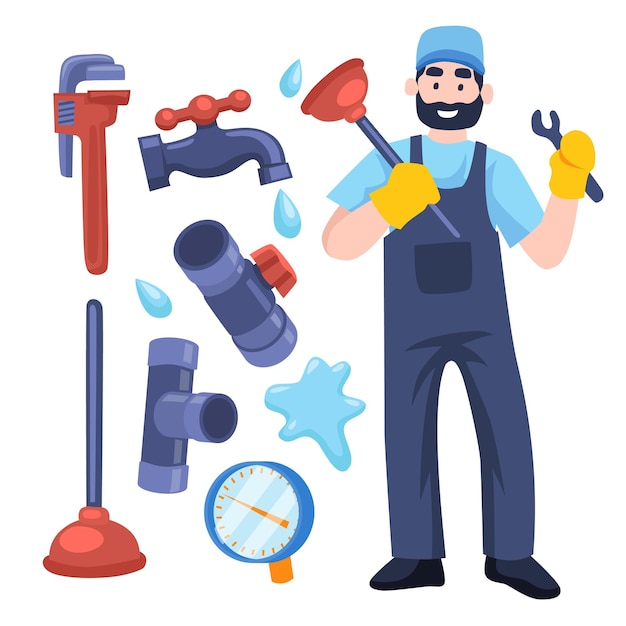 Loodgieter Job Worker Character Tool Equipment Objecten met plunjer, moersleutel, pijp en kraan