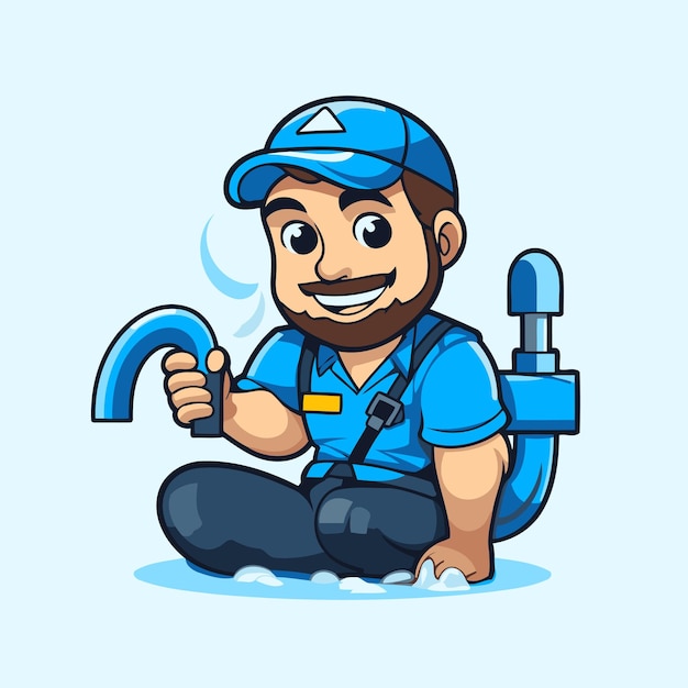 loodgieter met schakelsleutel cartoon personage Vector illustratie van een loodgieter in werkkleding