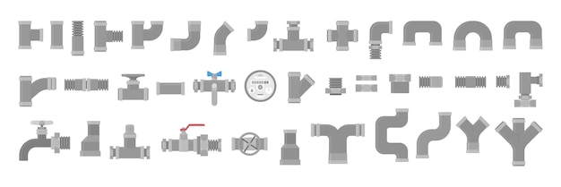 Loodgieter set, verzameling pijp. loodgieterswerk. geel pijpleidingelement, industriële technologie. illustratie in stijl