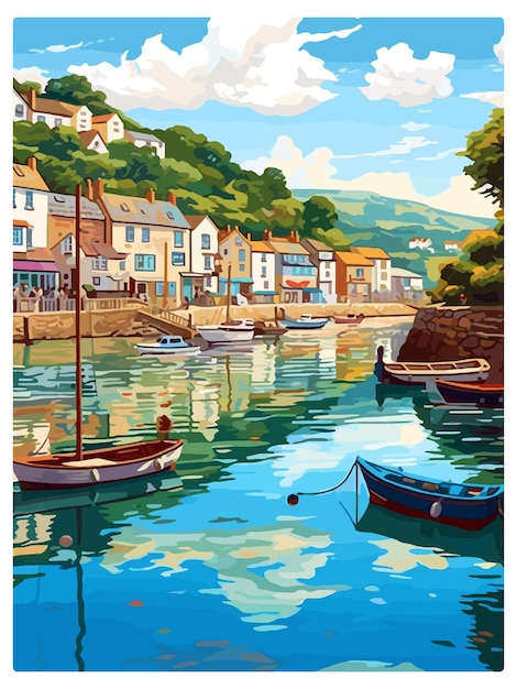 Vector looe england vintage travel poster souvenir postcard portrait painting wpa illustration