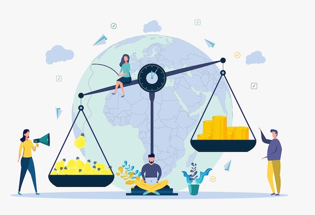 Вектор Ищите креативную идею метафора успешного бизнеса люди взвешивают лампочки и деньги на весах