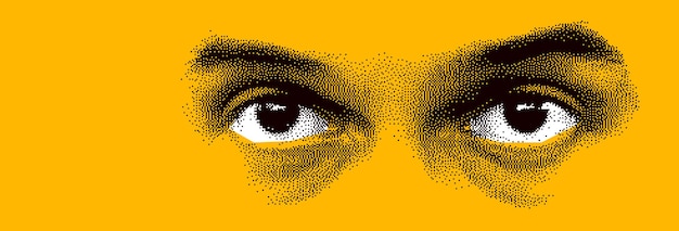 Vector looking eyes 8 bit dotted design style vector abstraction, human face stylized design element, black and yellow colors.