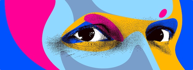 Vector looking eyes 8 bit dotted design style vector abstraction, human face stylized design element, with colorful splats.