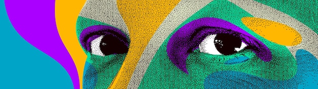 Looking eyes 8 bit dotted design style vector abstraction, human face stylized design element, with colorful splats.