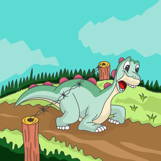 Vector looking for inspiration to draw a cute dinosaur dodging wires in a jungle landscape vector illustrat