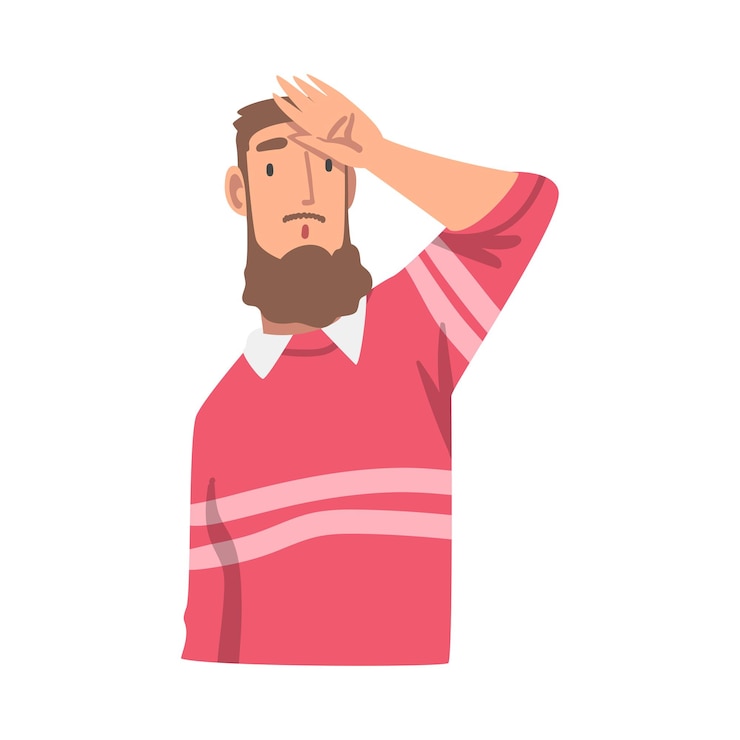 Vector looking into future bearded man character with his hand on forehead vector illustration